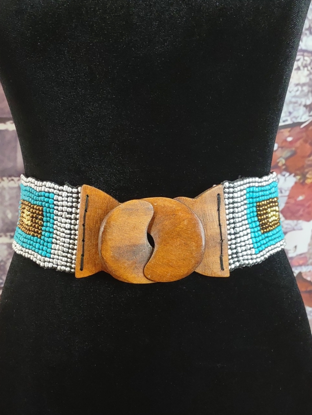 Artisan Crafted Beaded Stretch Belt with Wooden Buckle